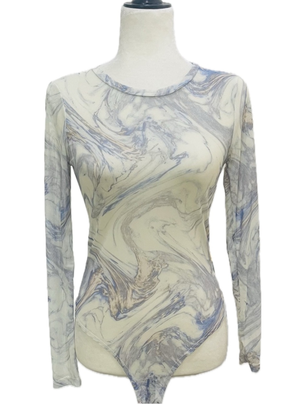 gaze Marble-Print Long Sleeve Mesh Bodysuit in Cream, Blue & Taupe
